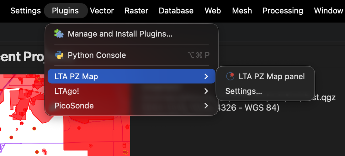 The LTA PZ Map dock panel open on the right side of QGIS