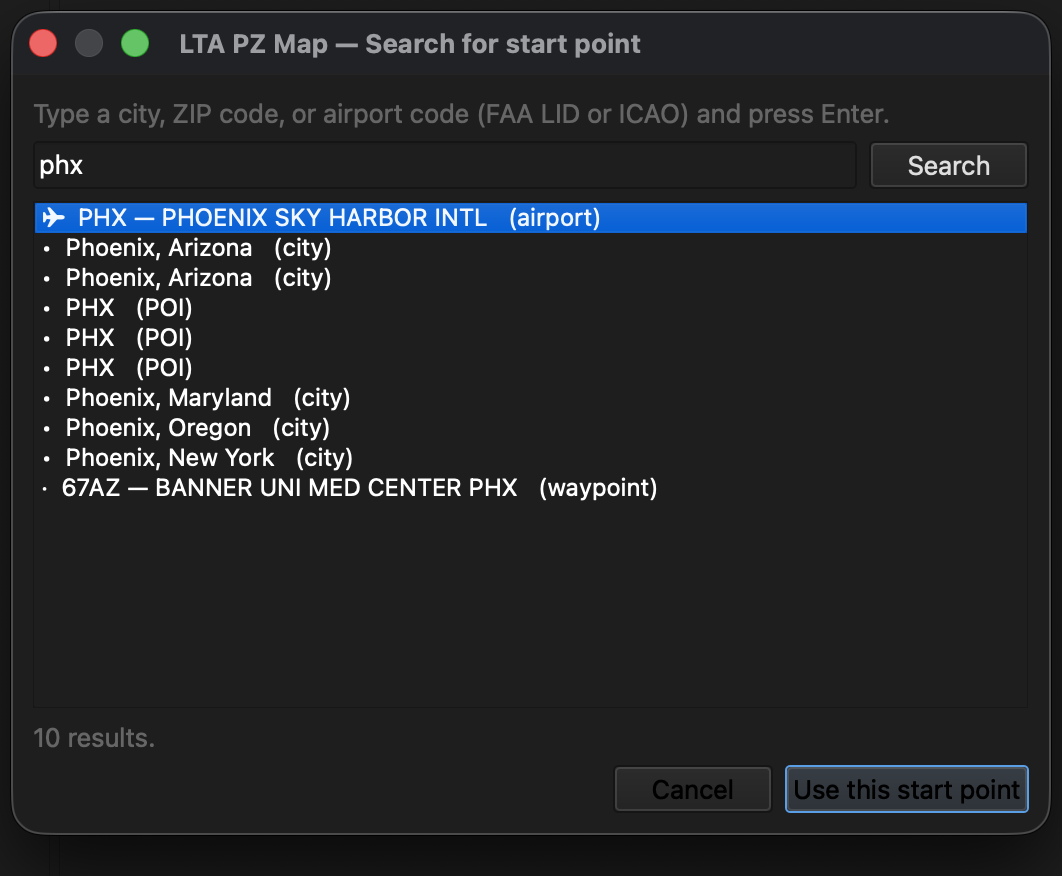 The Search dialog with results for an airport code