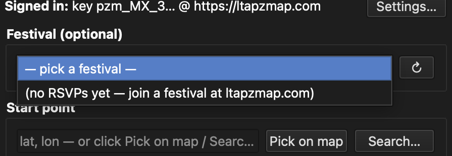 The Festival dropdown with an upcoming event selected