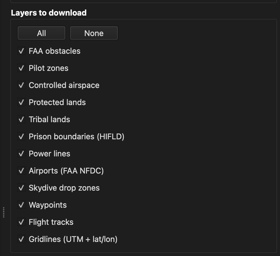 The layer checklist with several layers ticked