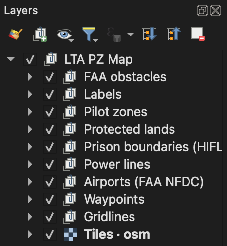 The resulting LTA PZ Map group in the QGIS layer panel